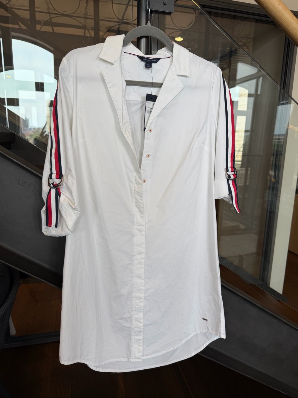Tommy Hilfiger White Dress with Red & Navy Sleeve Stripes